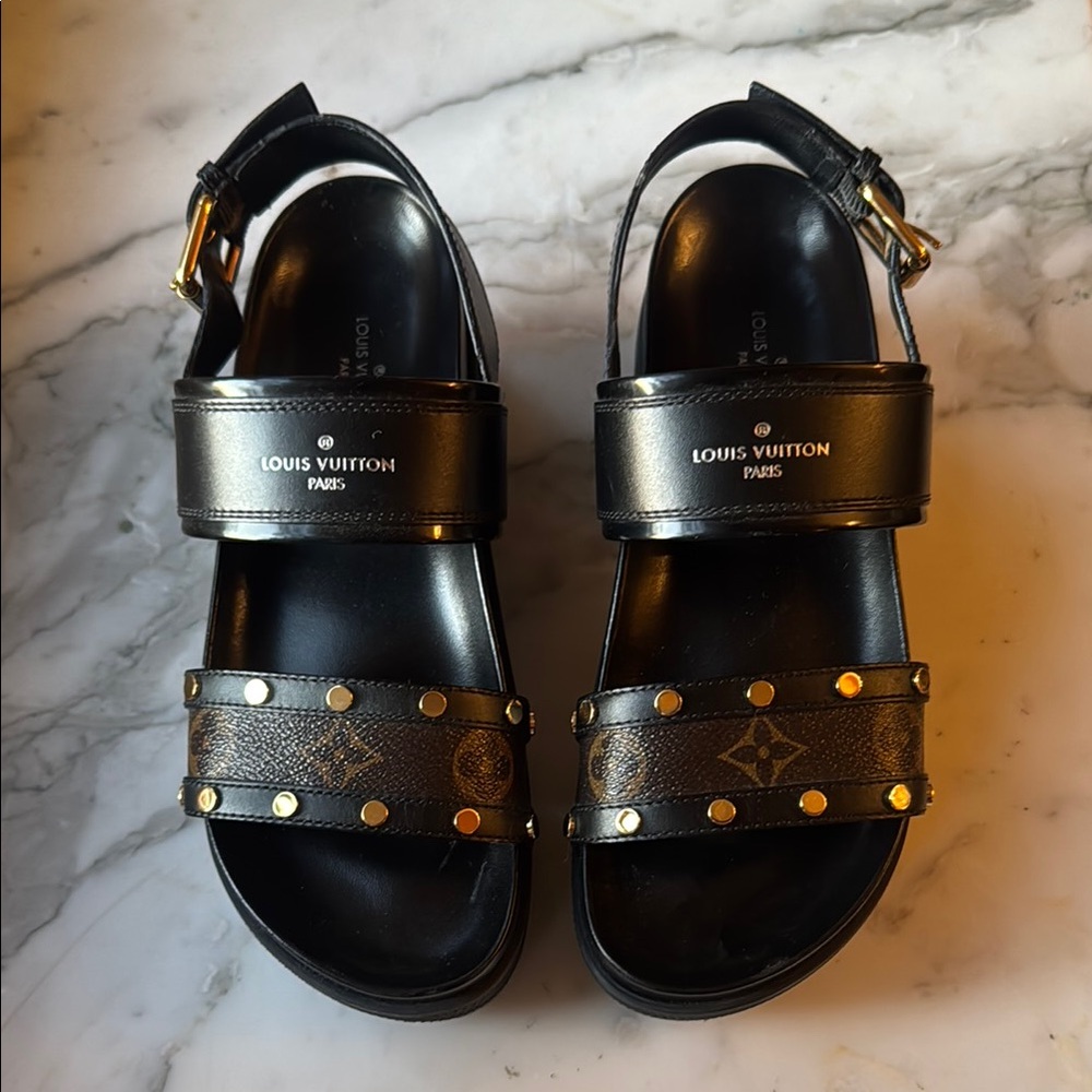 Louis Vuitton Black Sandals with Gold Accents